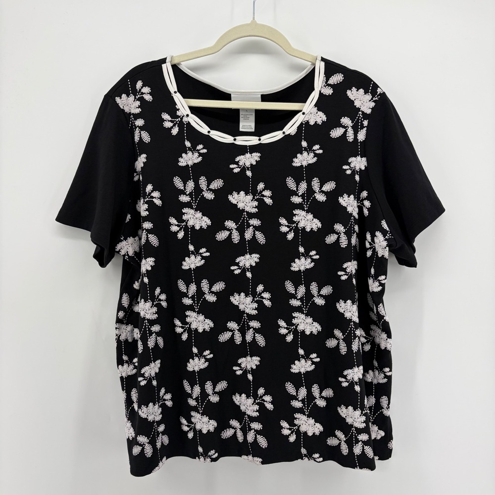 Alfred Dunner Womens XL Black White Floral Printed Lattice Neck Knit Top